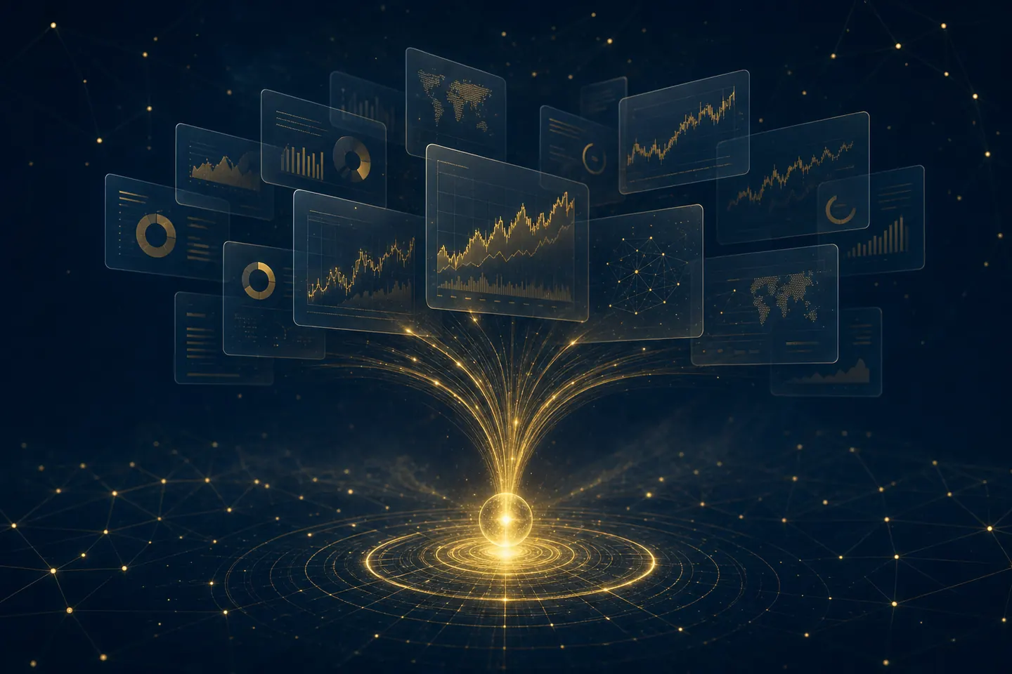 Abstract network of dashboard cards converging toward a single advisor node