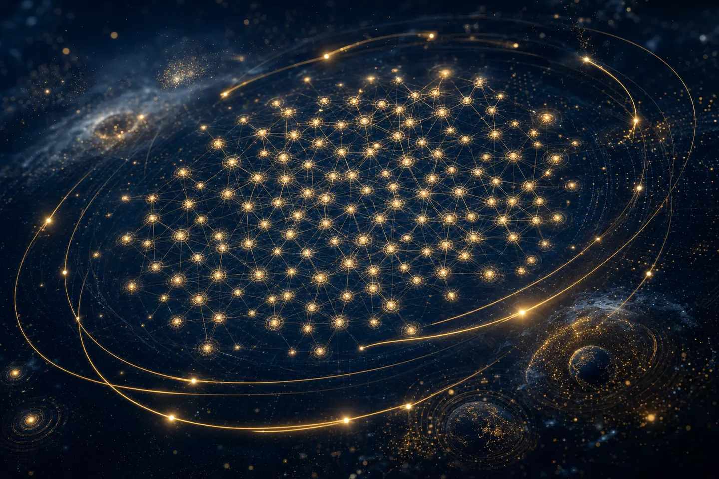 Dense lattice of glowing golden nodes representing an AI agent network