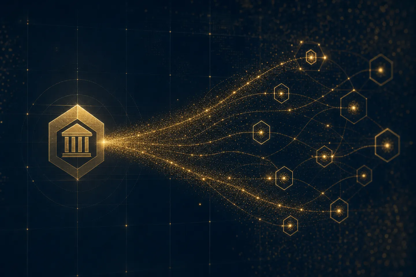 Abstract institutional emblem sending golden data streams to an advisor network