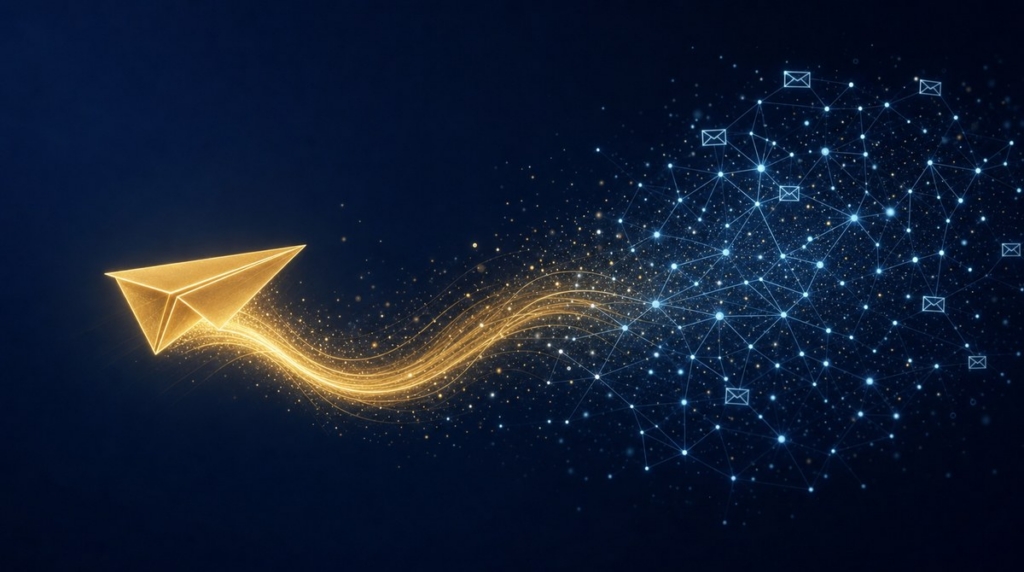 Gold paper plane envelope flowing into a constellation of email recipients on navy background — AI-powered email marketing for financial advisors