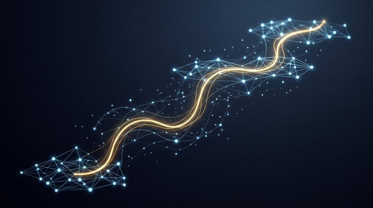 Abstract navy-and-gold visualization of distribution signals and workflows
