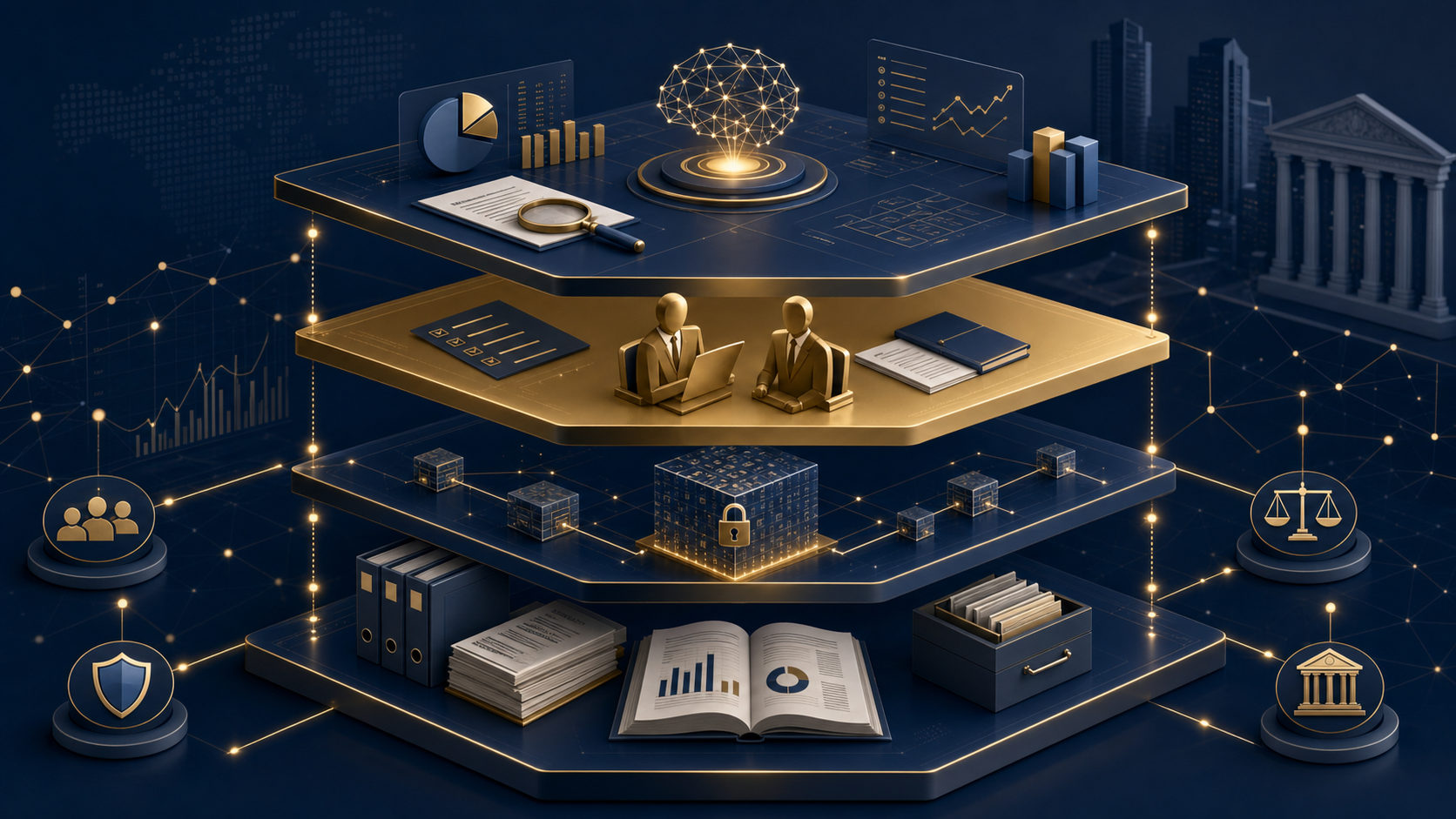 Four-layer compliance architecture for AI-driven marketing at ETF and mutual fund issuers showing substantiation, principal review, immutable record, and audit assembly layers