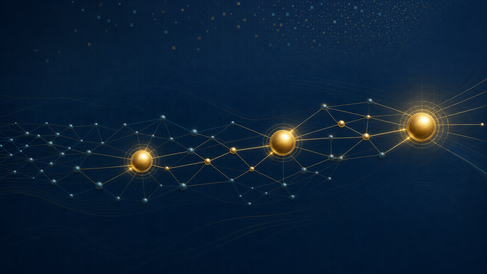 Abstract network of connected nodes on a navy background, with a few nodes highlighted in gold to represent prioritised, higher-scoring advisor leads.